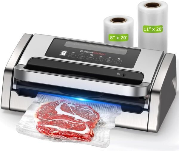 Bonsenkitchen Vacuum Sealer Machine, Powerful Low-Noise Food Vacuum Sealer, Globefish Bonsenkitchen Vacuum Sealer Machine, Powerful Low-Noise Food Vacuum Sealer, Globefish Technology for High-Speed Continuous Working (Full Silver)