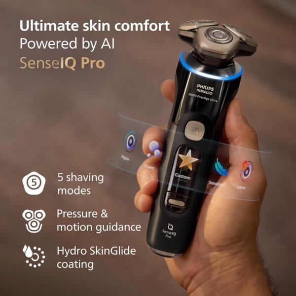 Philips Norelco Shaver i9000 Prestige Ultra, Wet & Dry Electric Shaver, Ink Black, SenseIQ Pro Technology, Triple Lift & Cut System, 360 Rotating NanoTech Precision Blades, 5 Shaving Modes, XP9400/89