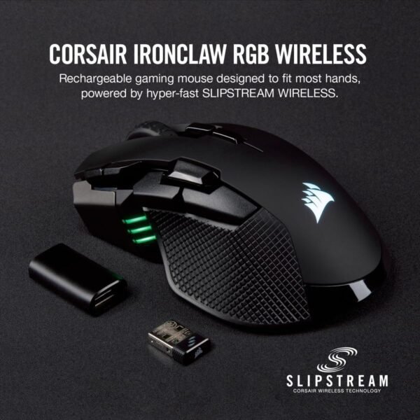 CORSAIR IRONCLAW WIRELESS RGB Rechargeable Gaming Mouse with Slipstream Technology - 18,000 DPI - 3-Zone RGB Multi-Color Backlighting - Black