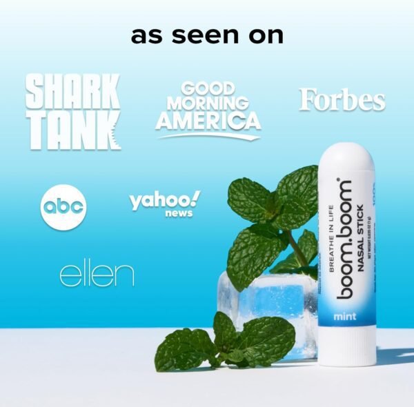 71nxHmqejeL._AC_SL1500_.jpg BoomBoom Nasal Stick | Vapor Flow Technology | Cool Refreshing Sensation | Natural Mood Boost | Simple Ingredients | Essential Oils + Menthol Inhaler (Mint)