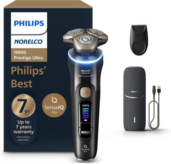 Philips Norelco Shaver i9000 Prestige Ultra, Wet & Dry Electric Shaver, Ink Black, SenseIQ Pro Technology, Triple Lift & Cut System, 360 Rotating NanoTech Precision Blades, 5 Shaving Modes, XP9400/89