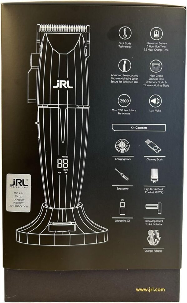JRL GHOST Professional Cordless Hair Clipper - w/Cool Blade Technology for Men's Grooming - Rechargeable, Quiet, Up to 7500 RPM, 5HR Run Time, Equipped w/Fade Blade & Reset IQ Charging Dock (White)