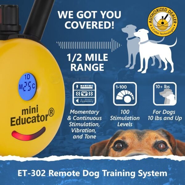 Mini Educator ET-302-1/2 Mile Rechargeable Dog Trainer Ecollar with Remote for Small, Medium, and Large Dogs by E-Collar Technologies - Electric, Vibration, Tone, and Stimulation Collar