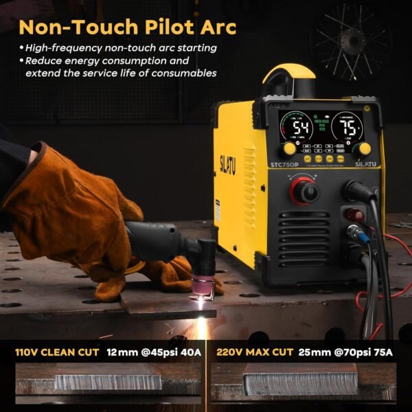 SILATU 75Amps Plasma Cutter, Large LED Display, Non-Touch Pilot Arc, Air Sensor Technology, 110/220V Dual Voltage IGBT Inverter Plasma Cutter Machine, 1'' Max Cutting Thickness for Beginners DIY