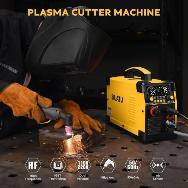 SILATU 75Amps Plasma Cutter, Large LED Display, Non-Touch Pilot Arc, Air Sensor Technology, 110/220V Dual Voltage IGBT Inverter Plasma Cutter Machine, 1'' Max Cutting Thickness for Beginners DIY