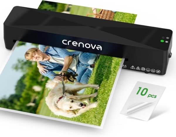 Crenova Laminator Machine with 10 Laminating Sheets, A4 Laminating Machine Hot & Cold with Fast Warm Technology, Thermal Laminator 9 Inch for Home Office School Business Black