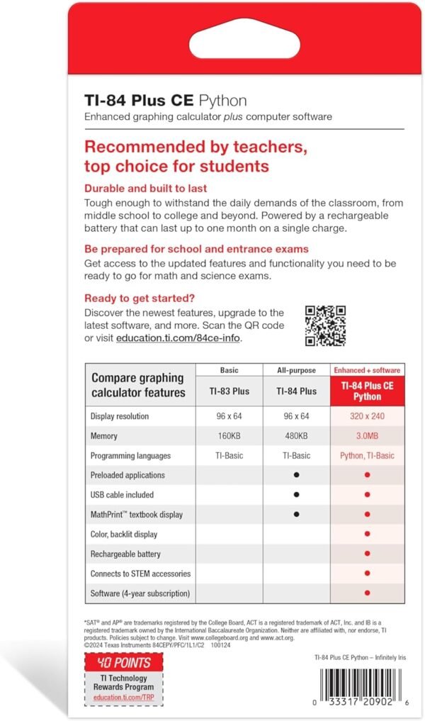 TI-84 Plus CE Python Enhanced Graphing plus Software, Iris/Purple