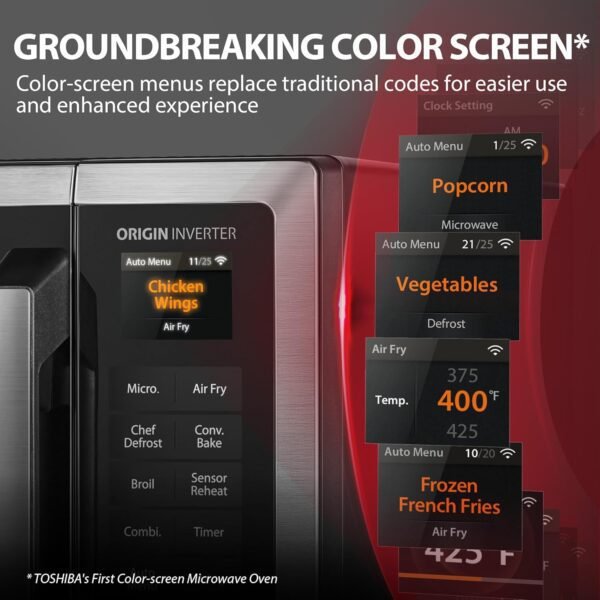 TOSHIBA ML2-STC13SAIT(SS) Air Fryer Combo Countertop Microwave Ovenwith 2.4-Inch Color Screen, Origin Inverter Technology, Smart Sensor, Compatible with Alexa, 1100W, 1.3 Cu.Ft, Silver