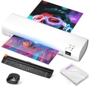 9 Inch Laminator Machine with Never Jam Technology, 40 Laminating 9 Inch Laminator Machine with Never Jam Technology, 40 Laminating Sheets, 4-in-1 A4 Thermal Laminator with Trimmer and Corner Rounder for Office, School, Business and Home Use - White
