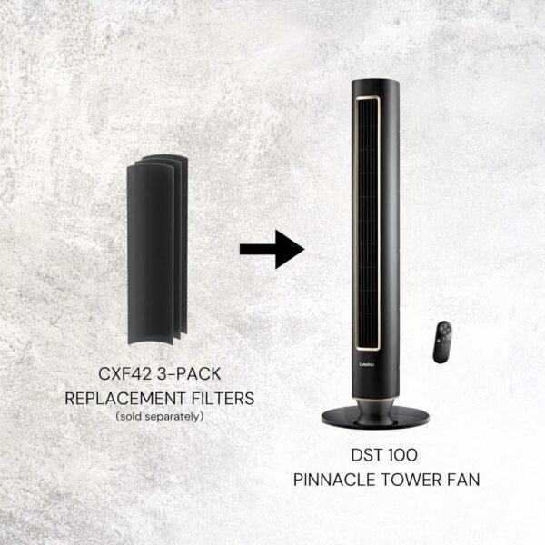 81avrf0wU-L._AC_SL1500_.jpg LASKO Pinnacle 40” Tower Fans for Home, 32 ft/s Airflow, Quiet 24dB, 90° Oscillation, Standing Fan for Bedroom with 24 Hour Timer, DC Motor, Air Filter for Hair & Dust, Night Light, Remote, DST100