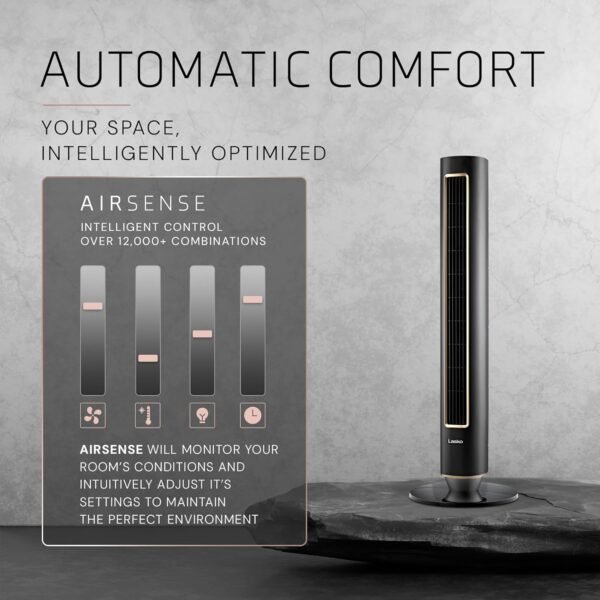 81eZrE8KBOL._AC_SL1500_.jpg LASKO Pinnacle 40” Tower Fans for Home, 32 ft/s Airflow, Quiet 24dB, 90° Oscillation, Standing Fan for Bedroom with 24 Hour Timer, DC Motor, Air Filter for Hair & Dust, Night Light, Remote, DST100