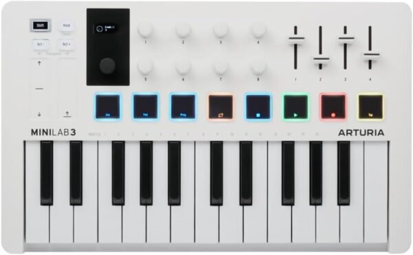 Arturia MiniLab 3 - Universal MIDI Controller for Music Production, with All-in-One Software Package - 25 Keys, 8 Multi-Color Pads - White
