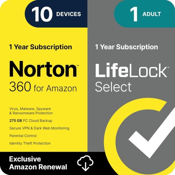 Norton 360 with LifeLock Select Bundle, 1 Year Subscription - 10 Devices - All-in-One Protection for your Devices, Online Privacy, and Identity, Activation Required [Subscription]