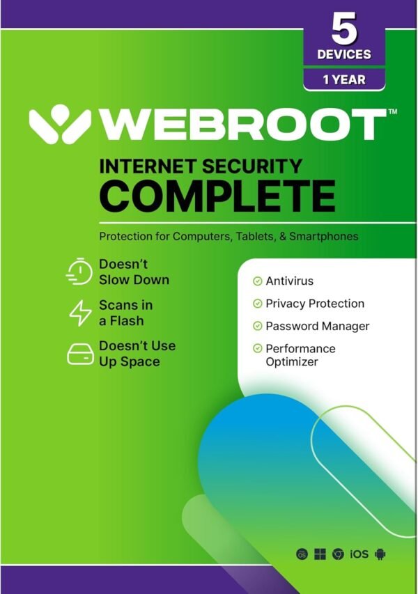 Webroot Internet Security Complete | Antivirus Software 2025 | 5 Webroot Internet Security Complete | Antivirus Software 2025 | 5 Device | 1 Year Keycard for PC/Mac/Chromebook/Android/IOS + Password Manager, Performance Optimizer and Cloud Backup | Packaged Version