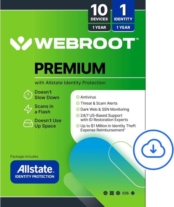 Webroot Premium 2025 with Allstate Identity Protection | 10 Device, 1 Year | Antivirus and Internet Security Software, Advanced Dark Web Monitoring, Password Manager | NEW [Online Code]