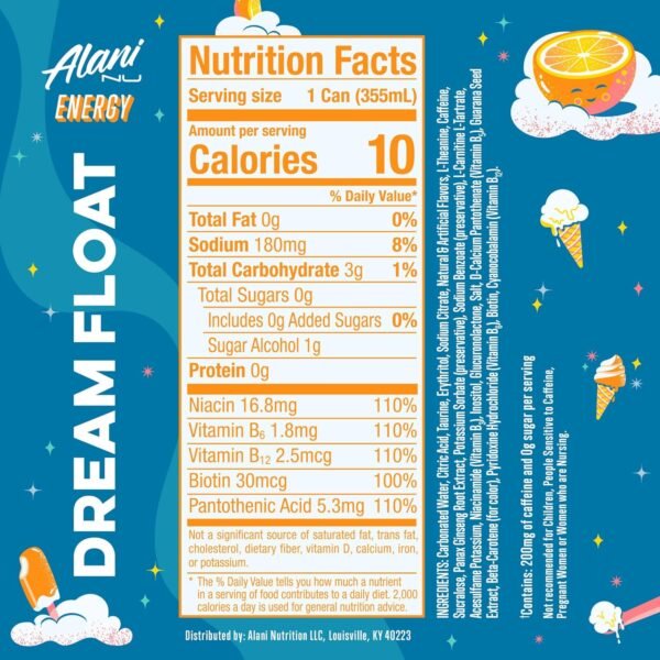 Alani Nu DREAM FLOAT, Sugar Free, Low Calorie Energy Drinks, 200mg Caffeine, Biotin, B Vitamins, Zero Sugar, 10 Calories, 12 Fl Oz Cans, 24 Pack