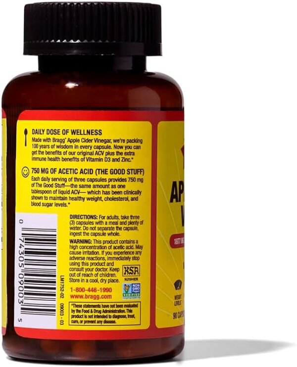 Bragg Apple Cider Vinegar Capsules with Vitamin D and Zinc - 90 Capsules - Supports The Immune System