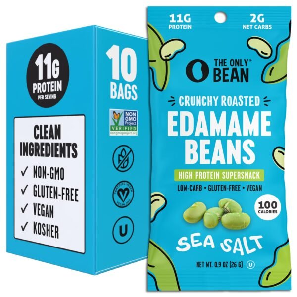 The Only Bean Crunchy Dry Roasted Edamame Snacks (Sea Salt), The Only Bean Crunchy Dry Roasted Edamame Snacks (Sea Salt), Healthy High Protein(11g) Keto Food, Low Carb Gluten Free Office Vegan Food 100 Calorie Snack Pack, 0.9oz 10 Pack