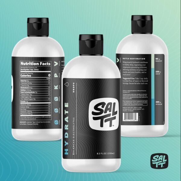 71FLjvdfbiL._AC_SL1500_.jpg SALTT - Hydrate (8.3 oz) - Electrolytes Drops - Energy Boost - Sodium, Potassium, Magnesium, Zinc, Copper - Unflavored - Ultra Low Carb - Zero Sugar, Vegan, Gluten Free, Non GMO - by Keto Chow