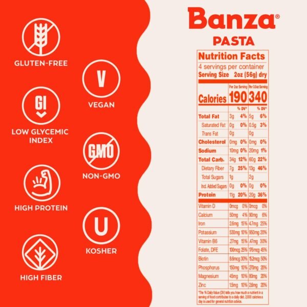 Banza Rotini Pasta from Chickpeas - Gluten Free, High Protein, and Lower Carb Protein Rotini Chickpea Pasta - 8oz