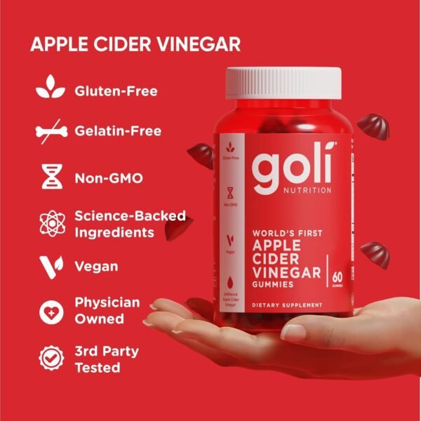 Goli Apple Cider Vinegar Gummy Vitamins - 60 Count - Vitamin B12, Gelatin-Free, Gluten-Free, Vegan & Non-GMO