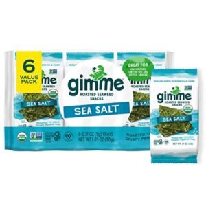 Gimme Seaweed Organic Premium Roasted Seaweed Snacks, Sea Salt, 6 Gimme Seaweed Organic Premium Roasted Seaweed Snacks, Sea Salt, 6 Count, Keto, Vegan, Gluten-Free, Great Source of Omega3s and Iodine, Healthy On-The-Go Snack for Kids and Adults