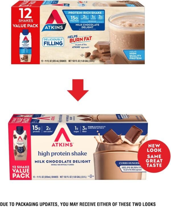71ZYW6QxvDL._AC_SL1500_.jpg Atkins Milk Chocolate Delight High Protein Shake, 15g Protein, Low Glycemic , 2g Net Carb, 1g Sugar, Keto Friendly , Chocolate Flavored Protein Shakes, 12 Count