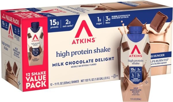 Atkins Milk Chocolate Delight High Protein Shake, 15g Protein, Low Atkins Milk Chocolate Delight High Protein Shake, 15g Protein, Low Glycemic , 2g Net Carb, 1g Sugar, Keto Friendly , Chocolate Flavored Protein Shakes, 12 Count