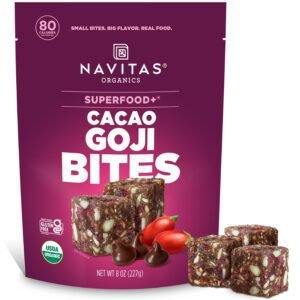 Navitas Organics Cacao Goji Superfood+ BITES – Power Snacks – Navitas Organics Cacao Goji Superfood+ BITES – Power Snacks – All Natural Plant Based – Clean Energy & Nutrition – USDA Organic, Non GMO, Gluten Free, Soy Free, Kosher, Vegan (8oz. Bag 11 Servings)