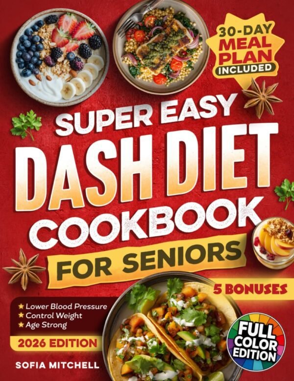 Super Easy DASH Diet Cookbook For Seniors: 100 Quick, Budget-Friendly & Delicious Low-Sodium Recipes with a 30-Day Meal Plan to Lower Blood Pressure, Lose Weight, and Enjoy Real Flavor Without Guilt