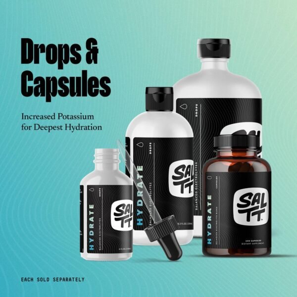 811S8p3j2L._AC_SL1500_.jpg SALTT - Hydrate (8.3 oz) - Electrolytes Drops - Energy Boost - Sodium, Potassium, Magnesium, Zinc, Copper - Unflavored - Ultra Low Carb - Zero Sugar, Vegan, Gluten Free, Non GMO - by Keto Chow