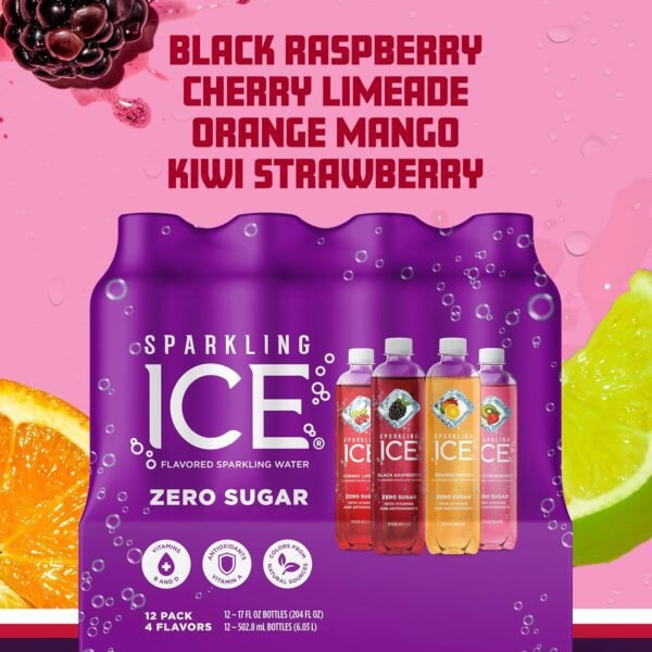 8109An6dd-L._SL1500_.jpg Sparkling Ice Purple Variety Pack, Flavored Water, Zero Sugar, with Vitamins and Antioxidants, 17 fl oz, 12 count (Black Raspberry, Cherry Limeade, Orange Mango, Kiwi Strawberry)