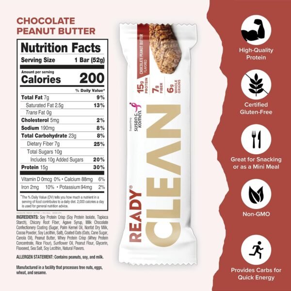 Ready® Protein Bars – High-Protein Snack with 15g Whey Protein, All-Natural Ingredients, Supports Lean Muscle and Recovery, No Artificial Sweeteners – Chocolate Peanut Butter, 12-Pack