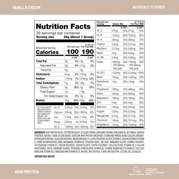 SlimFast High Protein Meal Replacement Powder, 26 Servings, Advanced Nutrition Smoothie Mix with Vitamin and Mineral Blend, Gluten Free, Vanilla Cream, 1.53 Pounds