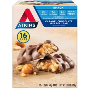 Atkins Caramel Chocolate Nut Roll Snack Bar, Protein Snack , 7g Protein, 2g Sugar, Rich in Fiber, 16 Count