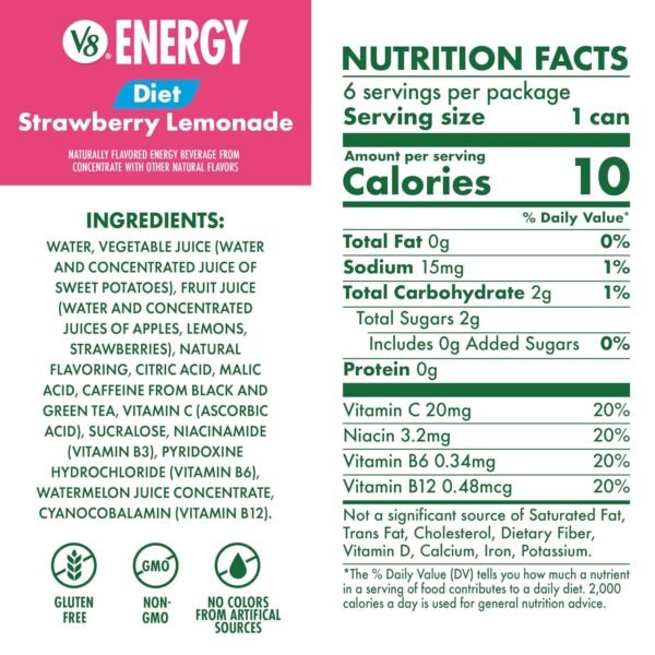 V8 Energy Diet Strawberry Lemonade Juice Energy Drink, 8 fl oz Can (6 Pack)