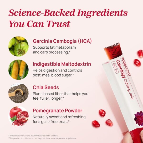 FOODOLOGY Coleology Cutting Stick Jelly – Supports Appetite Suppressant, Boost Metabolism & Control Cravings, Garcinia Cambogia HCA, Chia Seeds, Pomegranate Flavor Korean Supplement – 10 Sachets