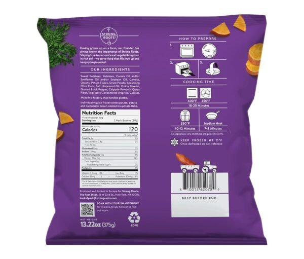 81OslhS9uZL._SL1500_.jpg Strong Roots Sweet Potato Hash Browns, 7 Frozen Patties, Vegan & Gluten Free, Low in Sugar, Salt & Saturated Fat, No Trans Fat