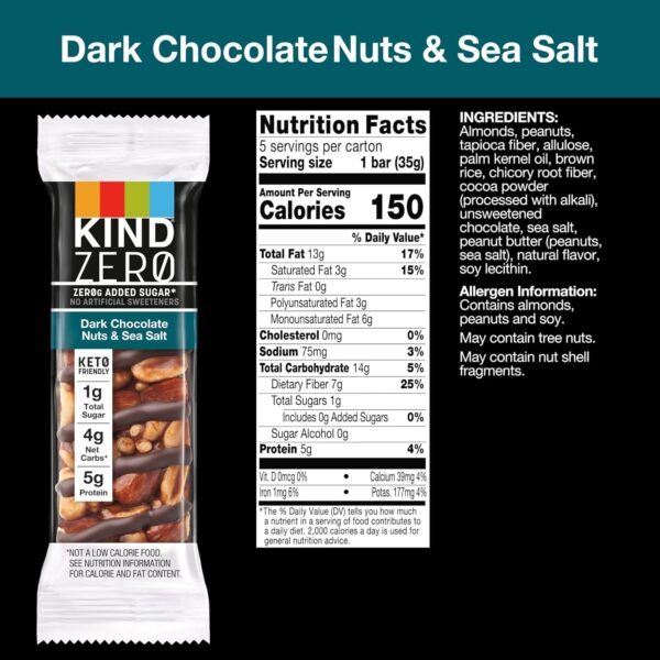 KIND ZERO Added Sugar Bars, Dark Chocolate Nuts and Sea Salt, Keto Friendly Snacks, Gluten Free, 5g Protein, 5 Count