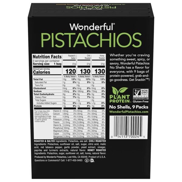 Wonderful Pistachios No Shells, 3 Flavors Mixed Variety Pack of 9 (0.75 Ounce), Roasted & Salted Nuts (4), Chili (3), Honey (2), Protein Snacks, Gluten Free, Healthy Snacks Variety Pack for Adults