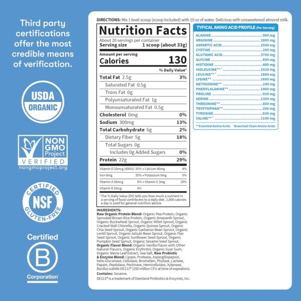 81jzLLDu2UL._AC_SL1500_.jpg Garden of Life Protein Powder, Vegan Protein Powder, BCAA, Probiotics & Digestive Enzymes, Gluten & Lactose Free, Vanilla, 1.5 LB