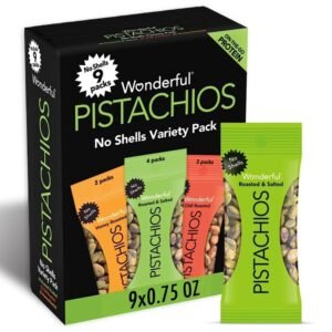 Wonderful Pistachios No Shells, 3 Flavors Mixed Variety Pack of Wonderful Pistachios No Shells, 3 Flavors Mixed Variety Pack of 9 (0.75 Ounce), Roasted & Salted Nuts (4), Chili (3), Honey (2), Protein Snacks, Gluten Free, Healthy Snacks Variety Pack for Adults