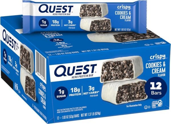 Quest Nutrition Crispy Cookies & Cream Hero Protein Bar, 18g Quest Nutrition Crispy Cookies & Cream Hero Protein Bar, 18g Protein, 1g Sugar, 3g Net Carb, Gluten Free, Protein Snack, Keto Friendly, 12 Count