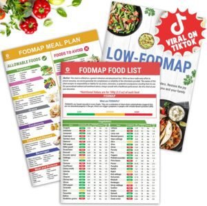 HAMIEW Set 3 Low FODMAP Food List Chart & Meal Plan for IBS, SIBO, Bloating – Laminated Diet Guide w/Serving Size, Net Carbs, Calories, Gluten, Fiber – Elimination Diet Recipes for Beginners