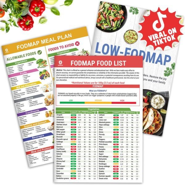 HAMIEW Set 3 Low FODMAP Food List Chart & Meal Plan for IBS, SIBO, Bloating – Laminated Diet Guide w/Serving Size, Net Carbs, Calories, Gluten, Fiber – Elimination Diet Recipes for Beginners