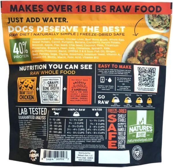 Nature's Diet Simply Raw® Freeze-Dried Raw Whole Food Meal - Makes 18 Lbs Fresh Raw Food With Muscle, Organ, Bone Broth, Whole Egg, Superfoods, Fish Oil Omega 3, 6, 9, Probiotics, Prebiotics (Chicken)