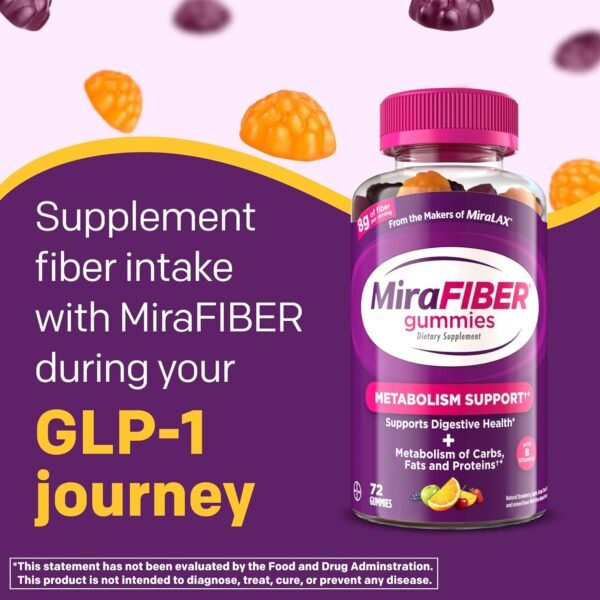 MiraFIBER Gummies from The Makers of MiraLAX, 8g of Daily Fiber Per Serving, Metabolism Support with B Vitamins, Gut Health for Men & Women, Prebiotic Fiber Gummies for Adults, Mixed Fruit Flavor 72Ct