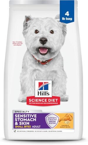 Hill's Science Diet Sensitive Stomach & Skin, Adult 1-6, Stomach & Skin Sensitivity Support, Small Kibble, Dry Dog Food, Chicken Recipe, 4 lb Bag