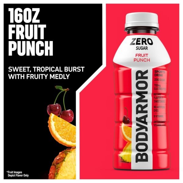 BODYARMOR ZERO Sugar Fruit Punch Electrolyte Drink, Natural Flavors, 16 Fl Oz Bottles (12 Pack), B Vitamins & Antioxidants Sugar Free Hydration