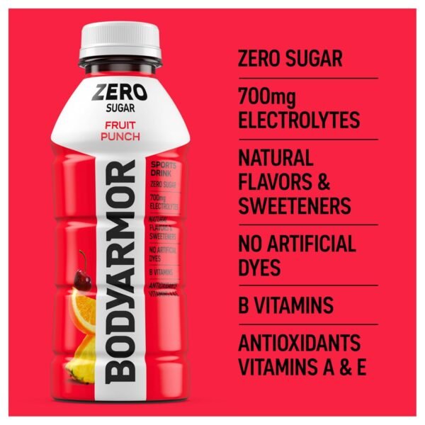 BODYARMOR ZERO Sugar Fruit Punch Electrolyte Drink, Natural Flavors, 16 Fl Oz Bottles (12 Pack), B Vitamins & Antioxidants Sugar Free Hydration